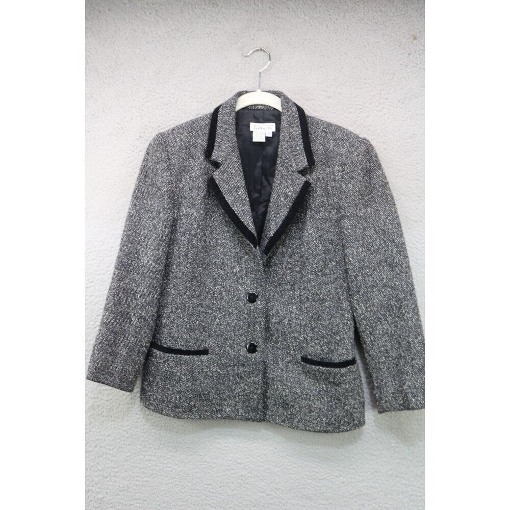 Talbots Vintage Tweed 92% Wool Two-Button Jacket-Size 8-Velvet Trim-Pockets-Y2K